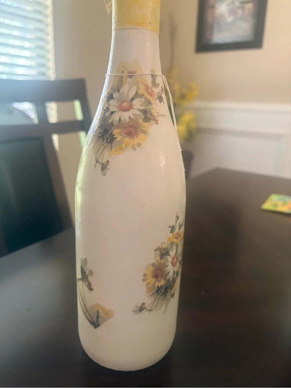 Handcrafted White/Cream Floral Decoupage Wine Bottle Accent - Decorative accent